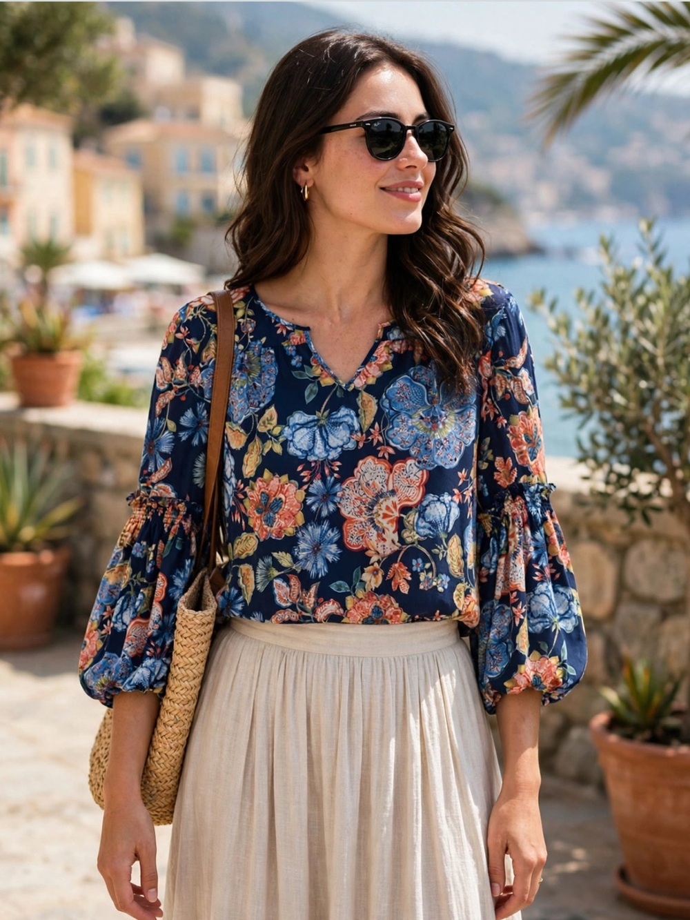 Floral V-Neck Balloon Sleeve Top Navy Size 2